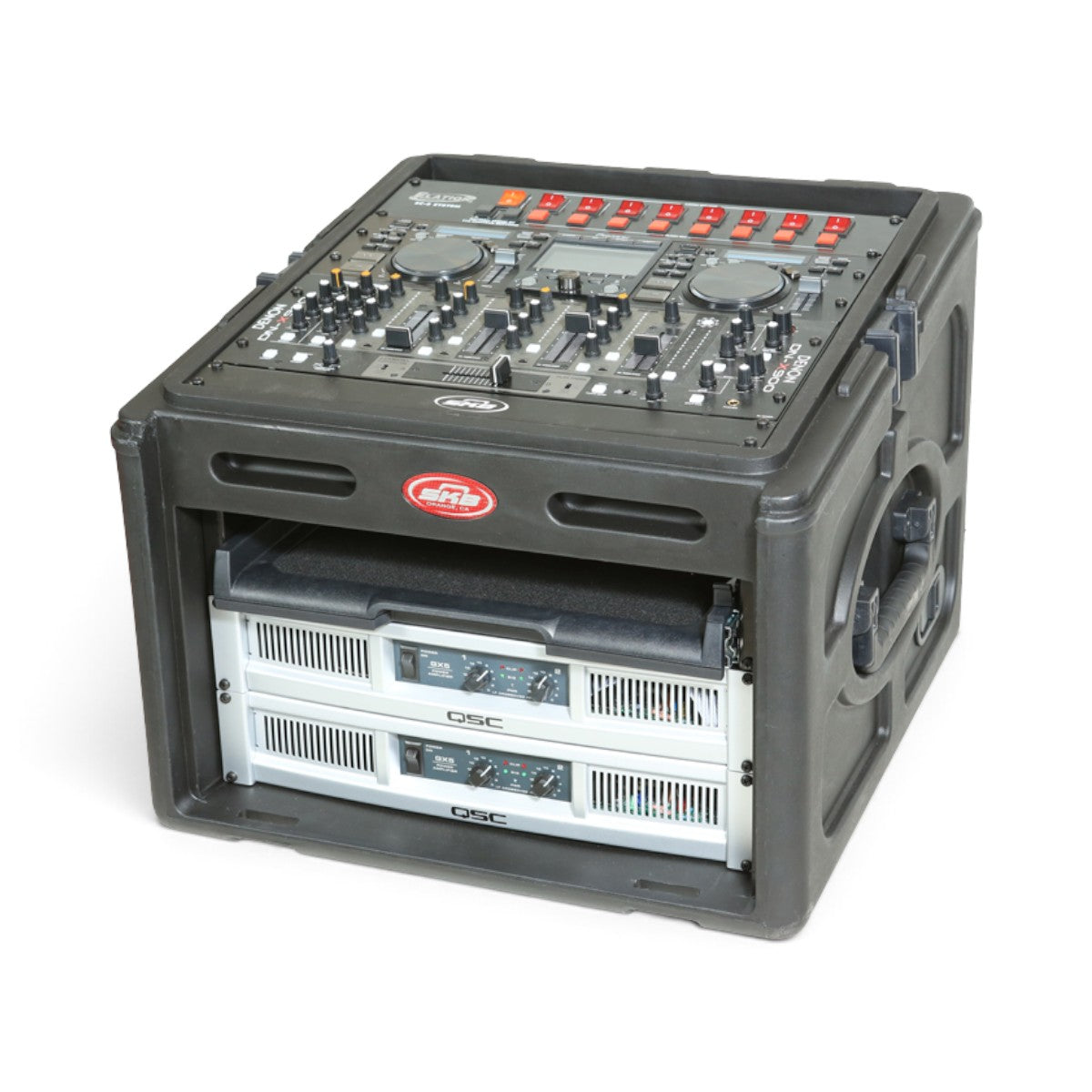SKB Cases 10U slanted top and 6U front rack case in black, featuring durable roto-molded construction and TSA latches.