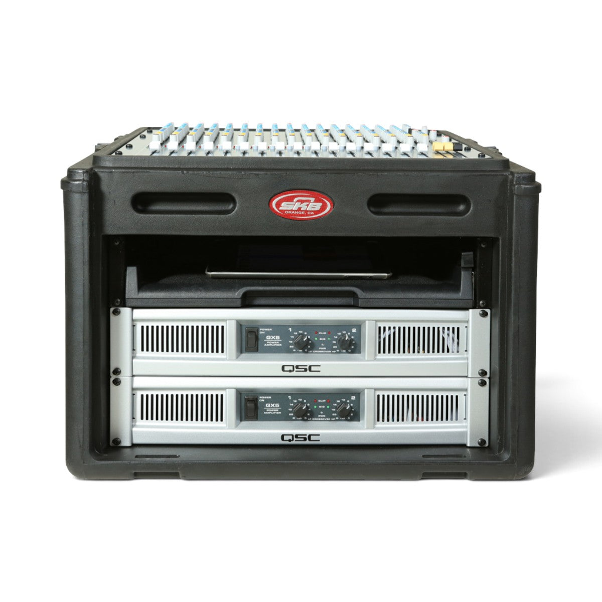 SKB Cases 10U slanted top and 6U front rack case in black with mounted audio equipment on a white background