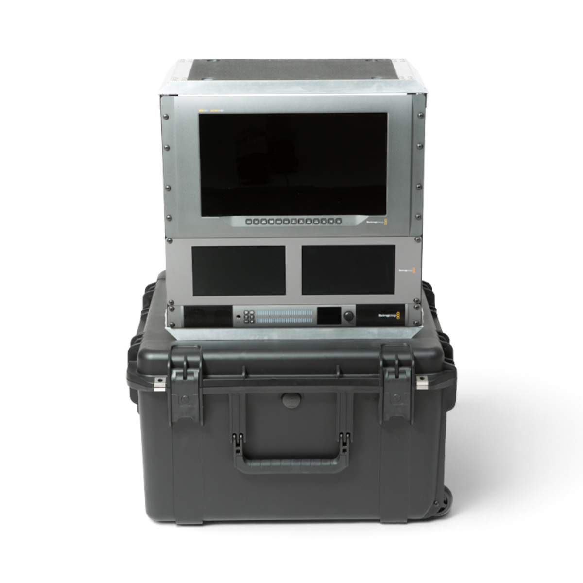 SKB Cases 10U iSeries injection molded fly rack with internal aluminum frame and mounted electronic equipment