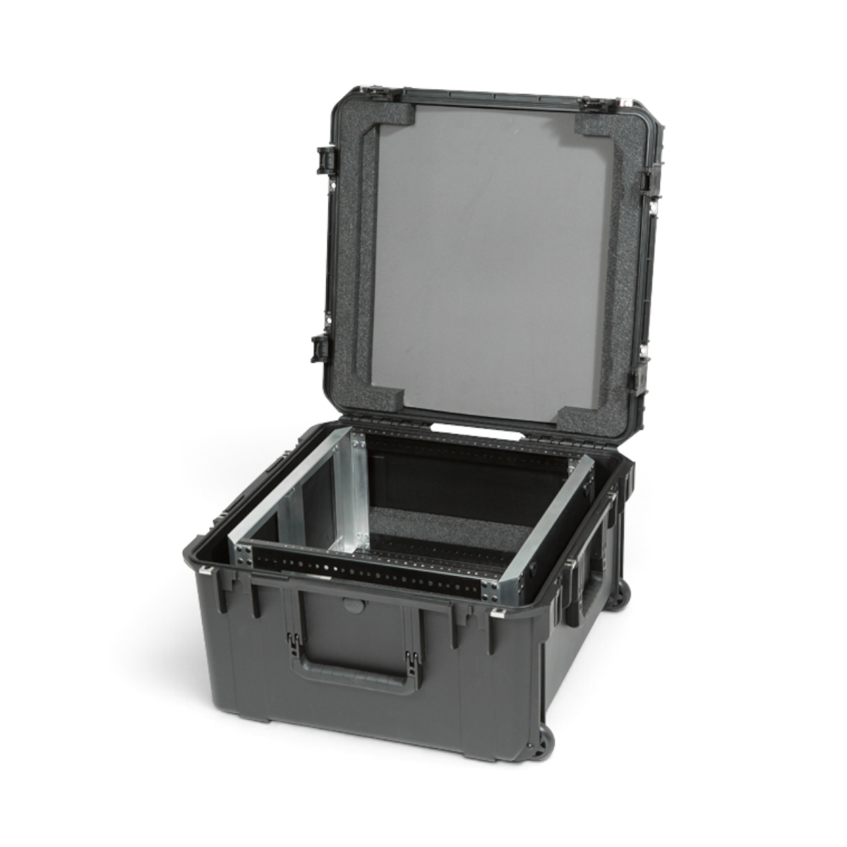 SKB Cases 10U iSeries injection molded fly rack with removable aluminum frame, foam padding, and wheels.