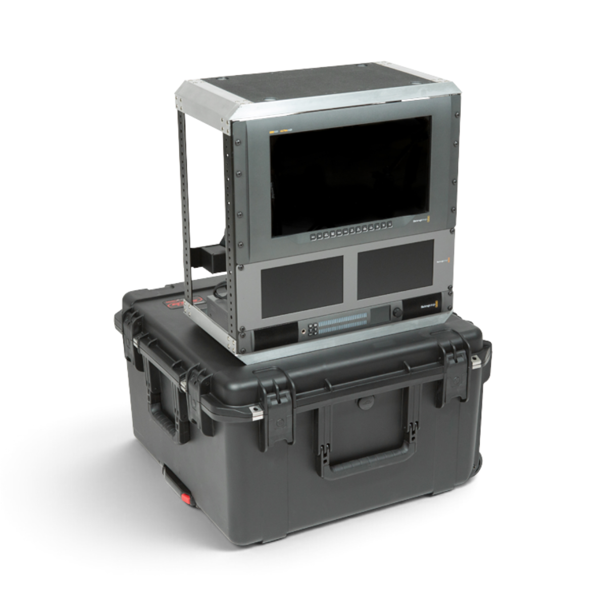 SKB Cases 10U iSeries injection molded fly rack with internal aluminum frame and mounted electronics on black case