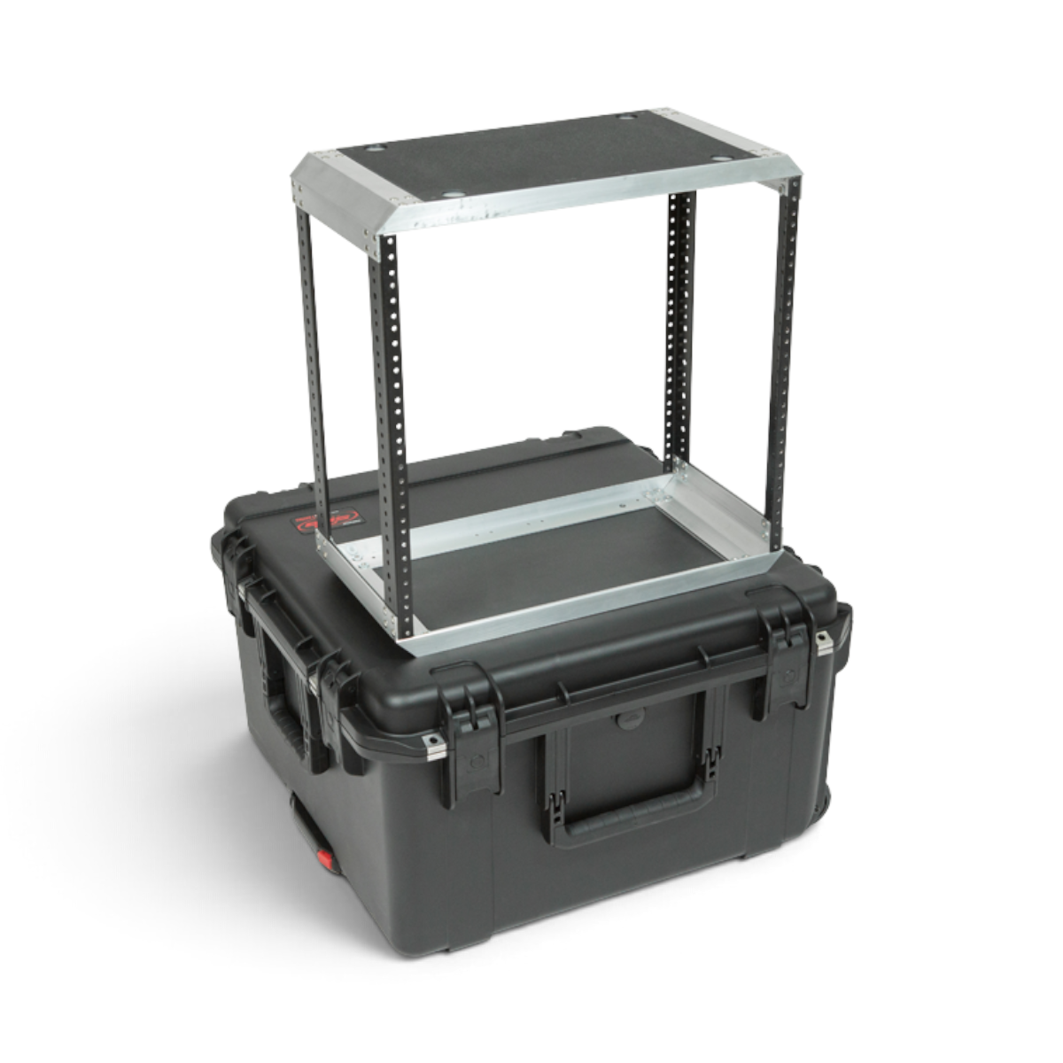 SKB Cases 10U iSeries injection molded fly rack with a removable aluminum and steel frame on a black waterproof case