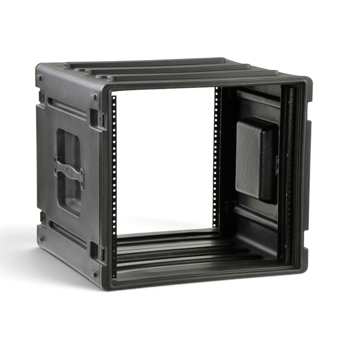 SKB Cases 10U rSeries rack made of durable black roto-molded polyethylene with steel threaded rails and side handles.