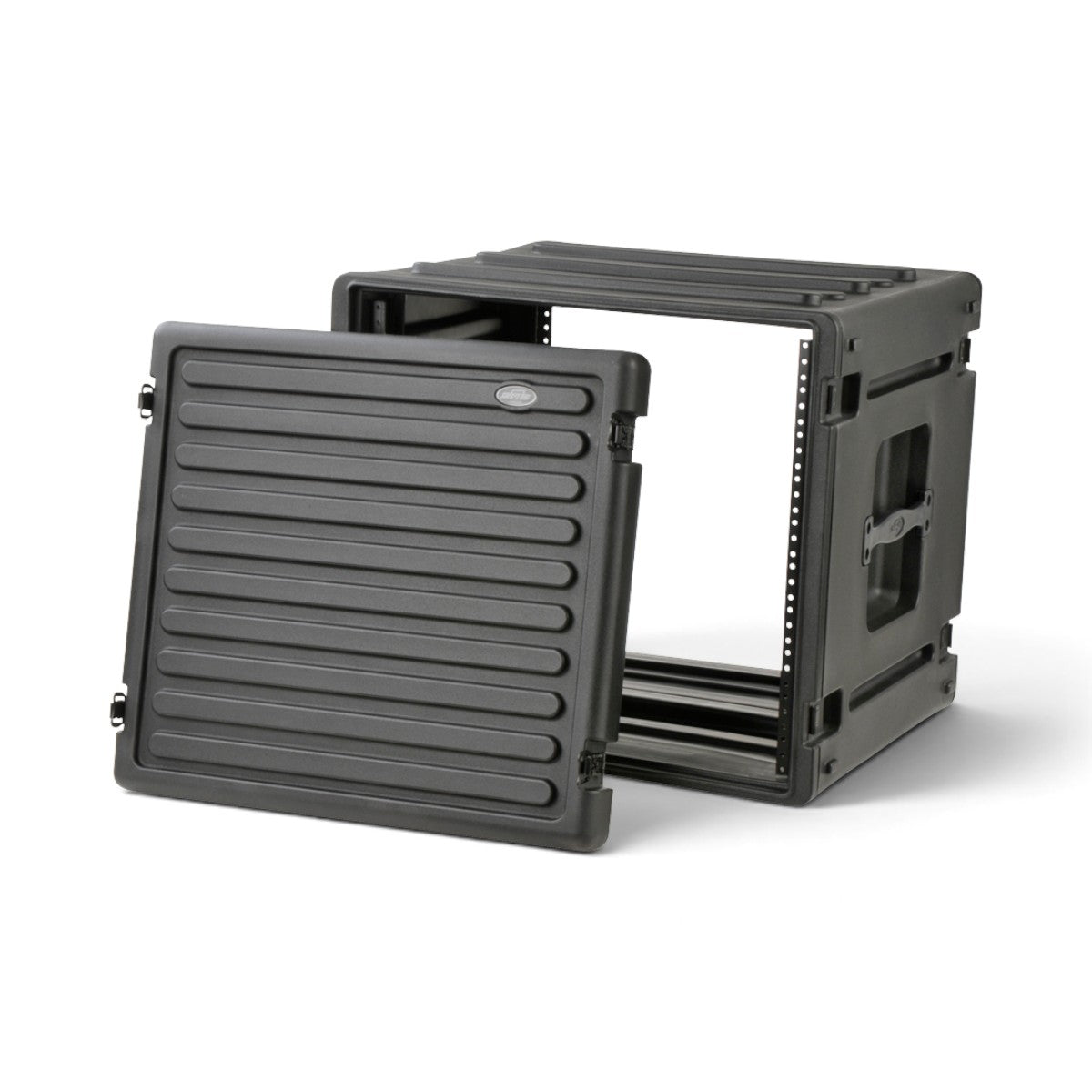 SKB Cases 10U rSeries rack made of durable black polyethylene with a removable front lid and steel threaded rails.