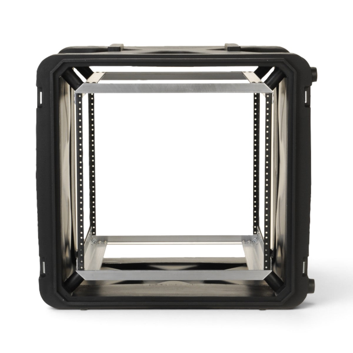 SKB Cases 10U 20-inch deep shock rack with internal frame and elastomer shock absorbers for sensitive equipment.