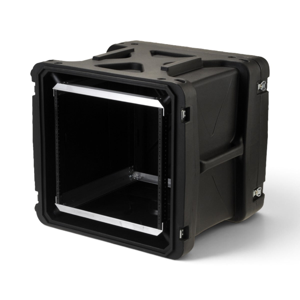 SKB Cases 10U 20-inch deep shock rack with a black roto-molded exterior and internal metal equipment frame.