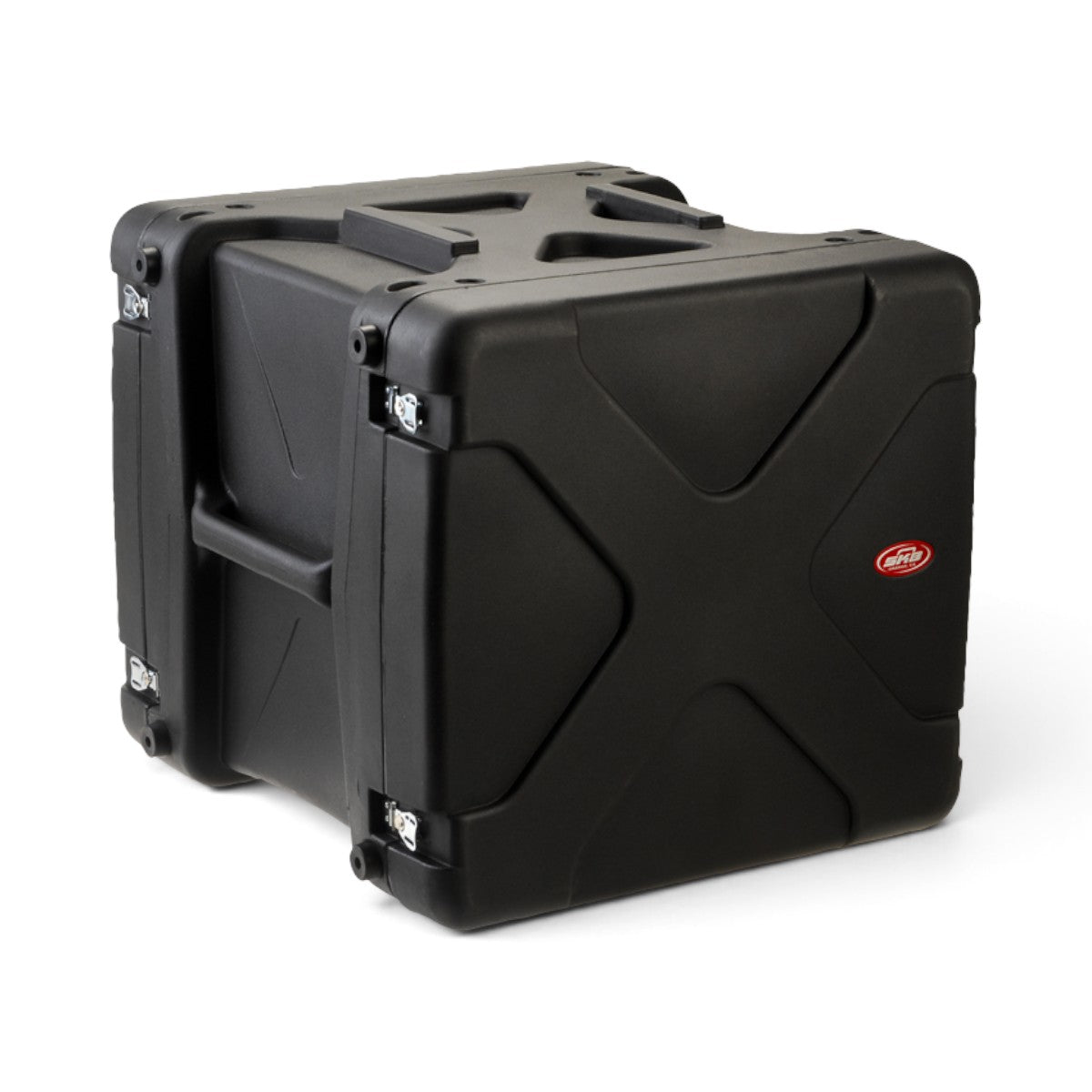 SKB Cases 10U 20-inch deep black roto shockmount rack case with reinforced corners and secure metal latches.