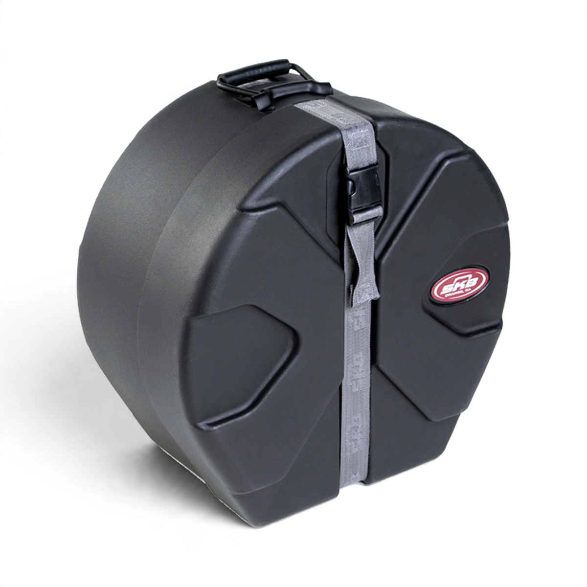 SKB Cases 10x10 roto-molded black D-shaped drum case with Roto-X pattern, padded interior, and secure strap closure.
