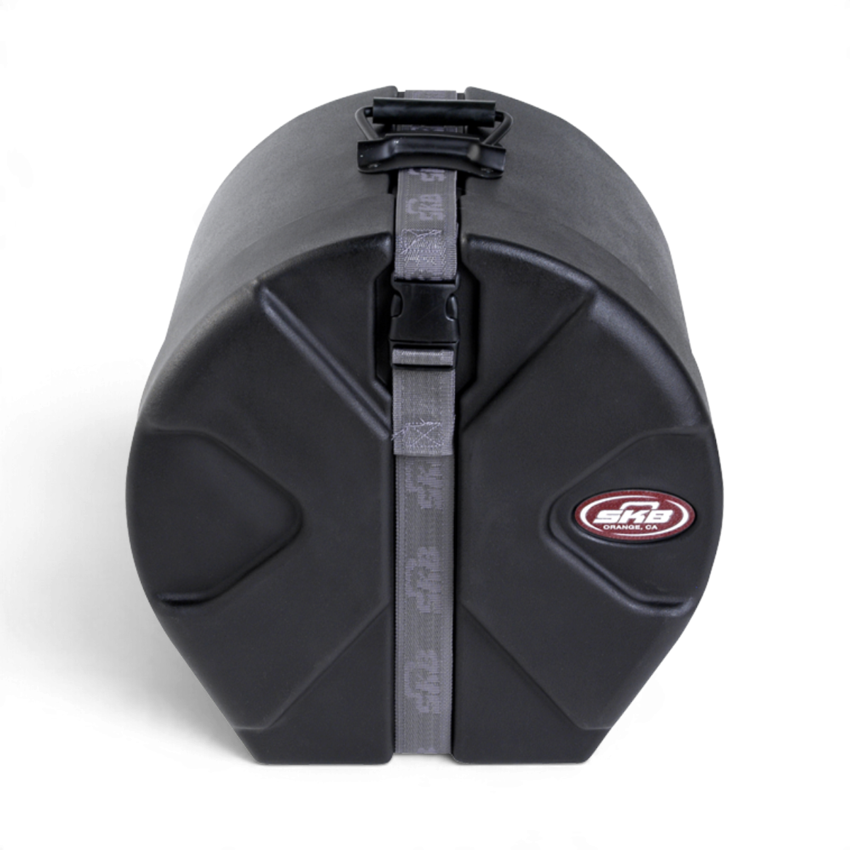 SKB Cases 10 x 12 roto-molded black drum tom case with Roto-X pattern, padded interior, and secure strap closure.