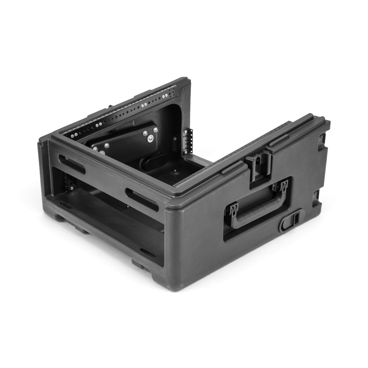 SKB Cases 10x2 compact rolling rack rig in black with injection-molded exterior and TSA-accessible locking latches.