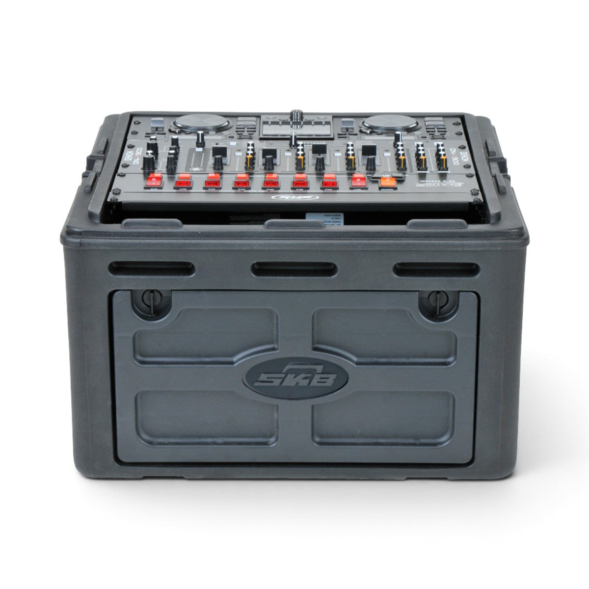 SKB Cases 10x4 compact rack case in black with a slanted top, featuring durable LMDPE construction and TSA latches.