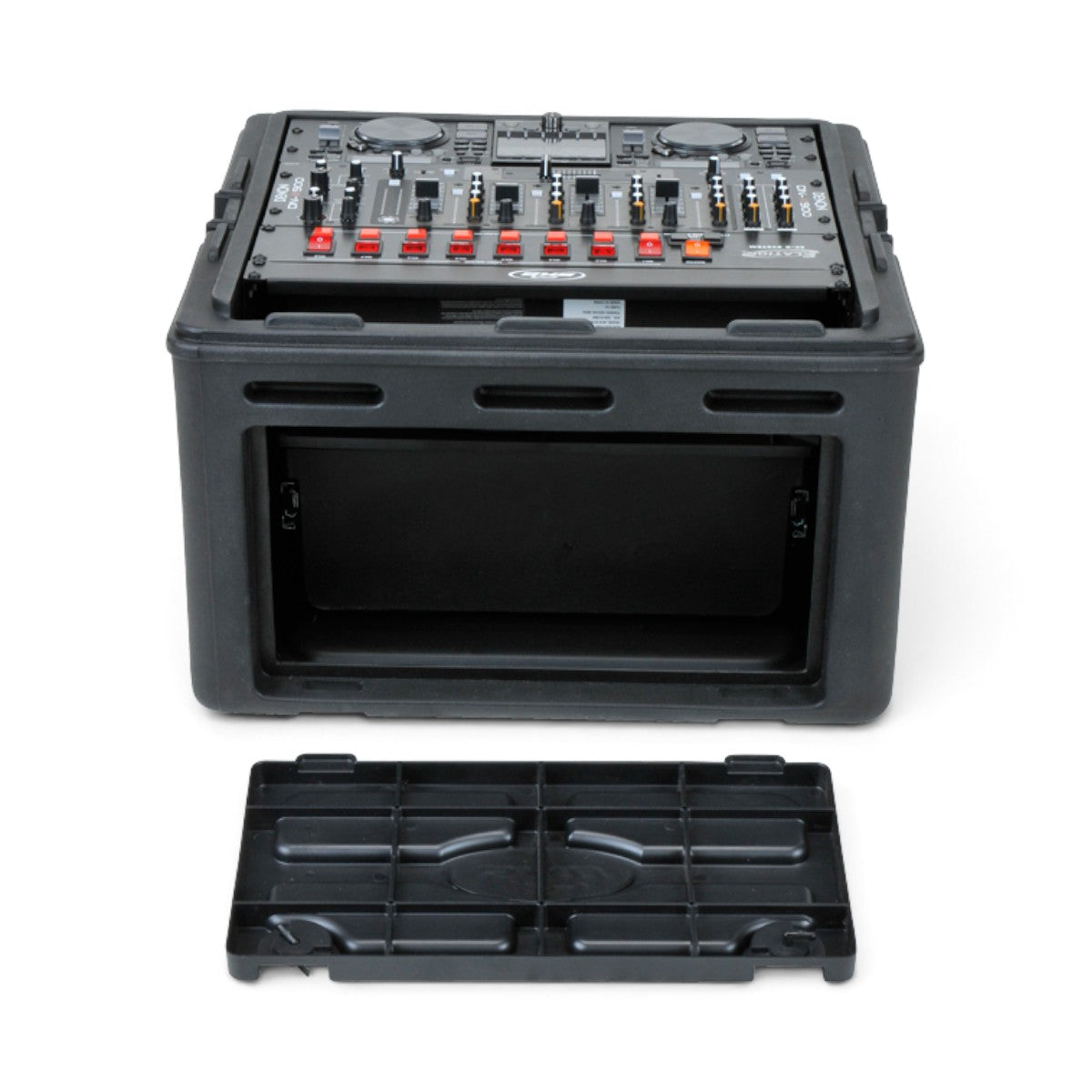 SKB Cases 10x4 compact rack case in black with a slanted top, featuring a removable front door and durable design.