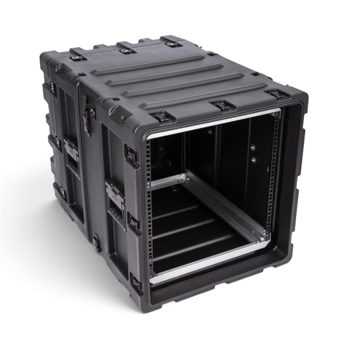 SKB Cases 11U 24-inch deep black shock rack with rugged roto-molded shell and square-hole rack rails for electronics.