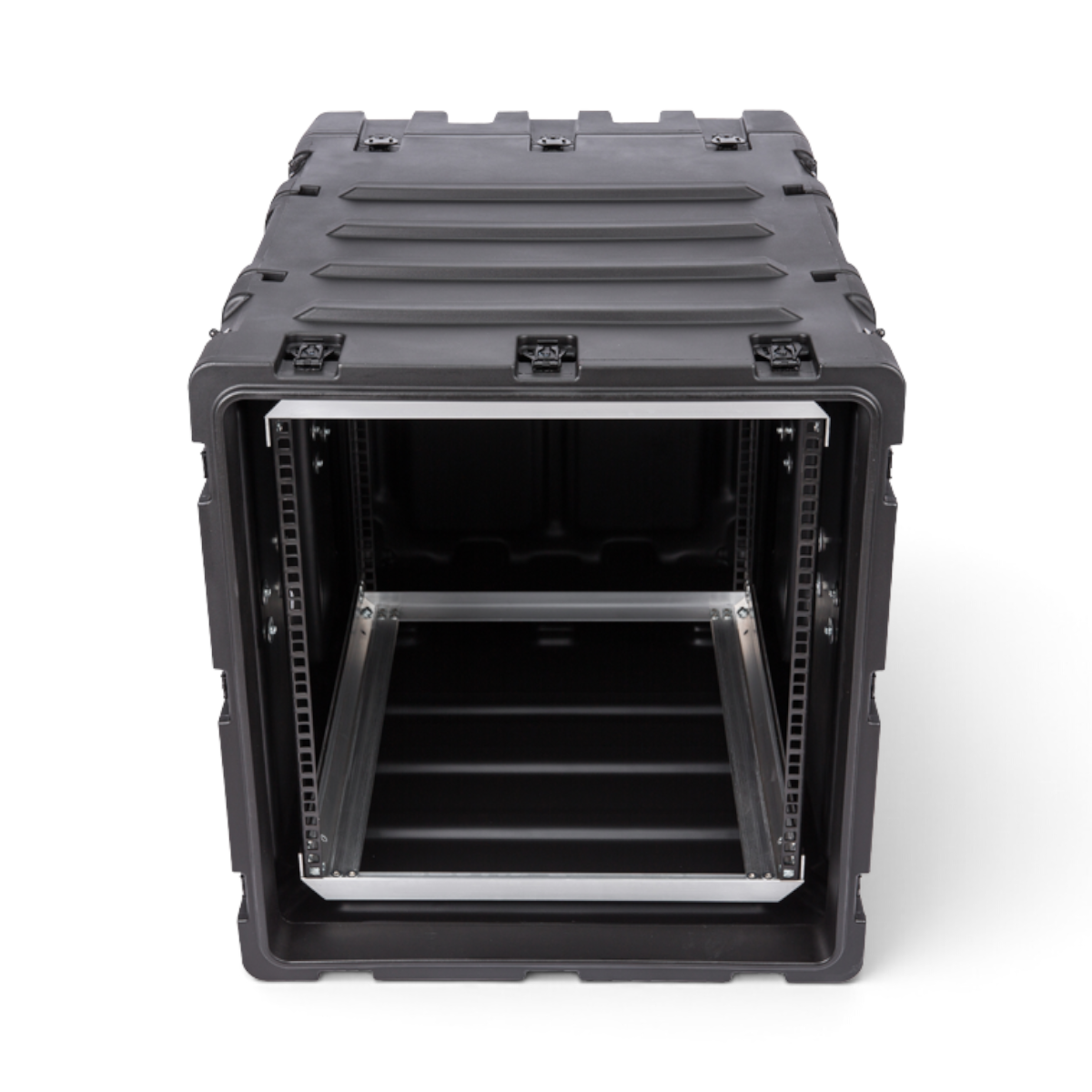 SKB Cases 11U 24-inch deep shock rack with black roto-molded shell and internal metal rack rails for electronics.