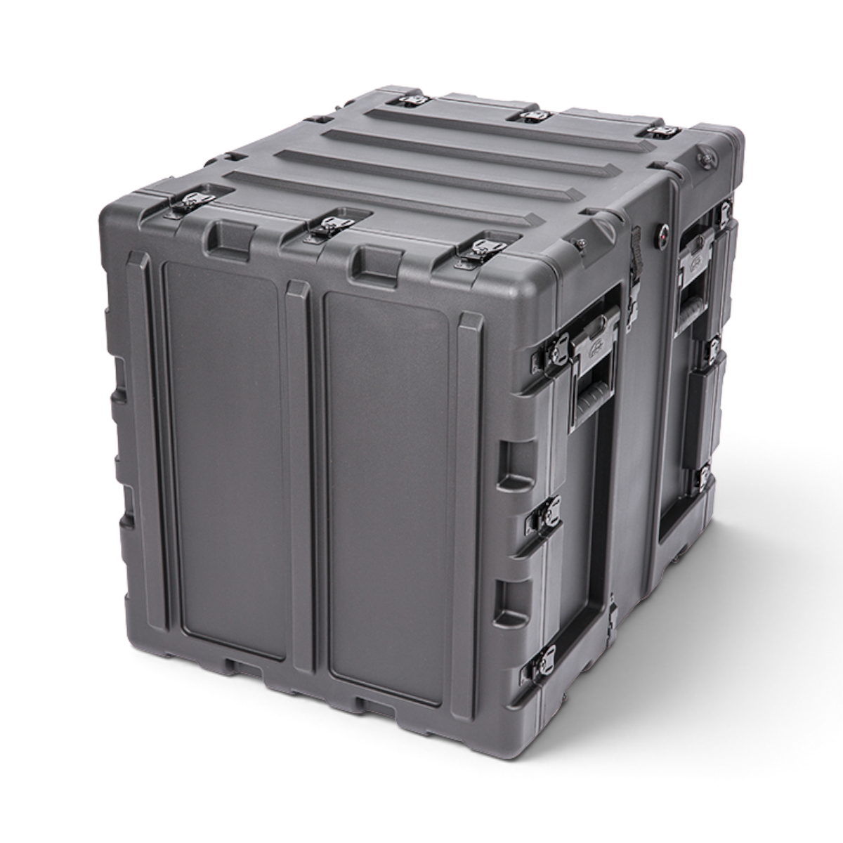 SKB Cases 11U 20-inch deep black shock rack transport case with rugged roto-molded shell and recessed hardware.