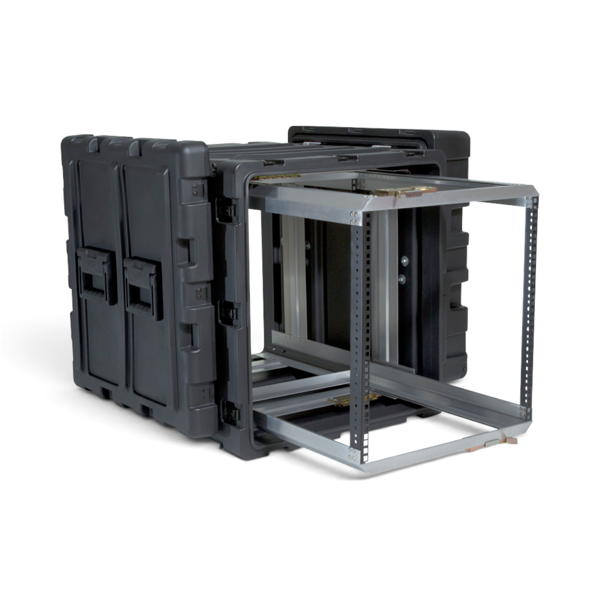 SKB Cases 11U 24-inch deep shock rack in black with a removable internal metal equipment frame extended outward.