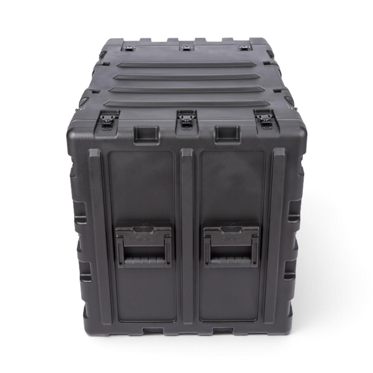 SKB Cases 11U 24-inch deep black shock rack transport case with rugged roto-molded shell and recessed hardware.