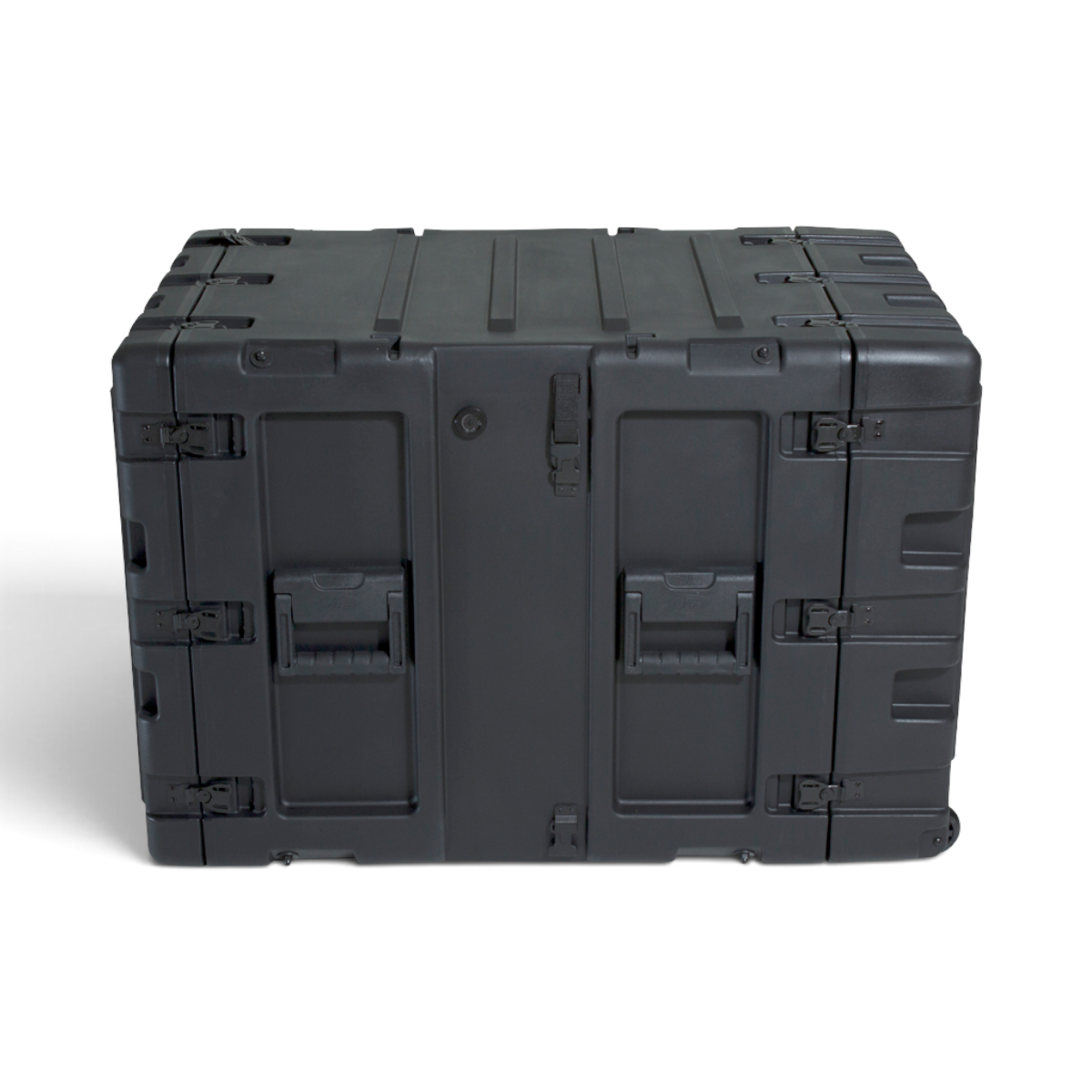 SKB Cases 11U 24-inch deep black shock rack transport case with rugged roto-molded shell and recessed hardware.