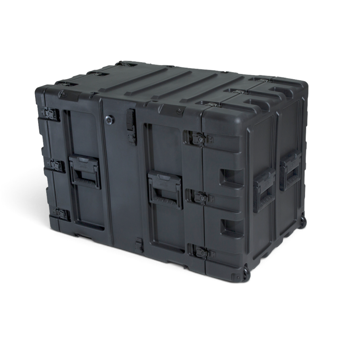 SKB Cases 11U 24-inch deep black shock rack transport case with rugged roto-molded shell and recessed hardware.