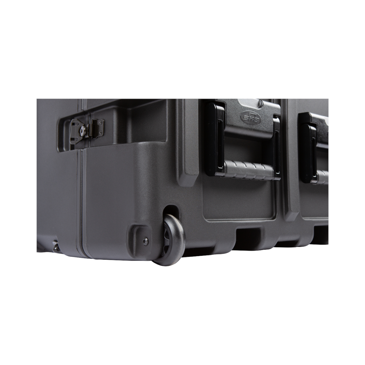 SKB Cases 11U 24-inch shock rack transport case featuring a rugged black roto-molded shell, side handle, and casters.