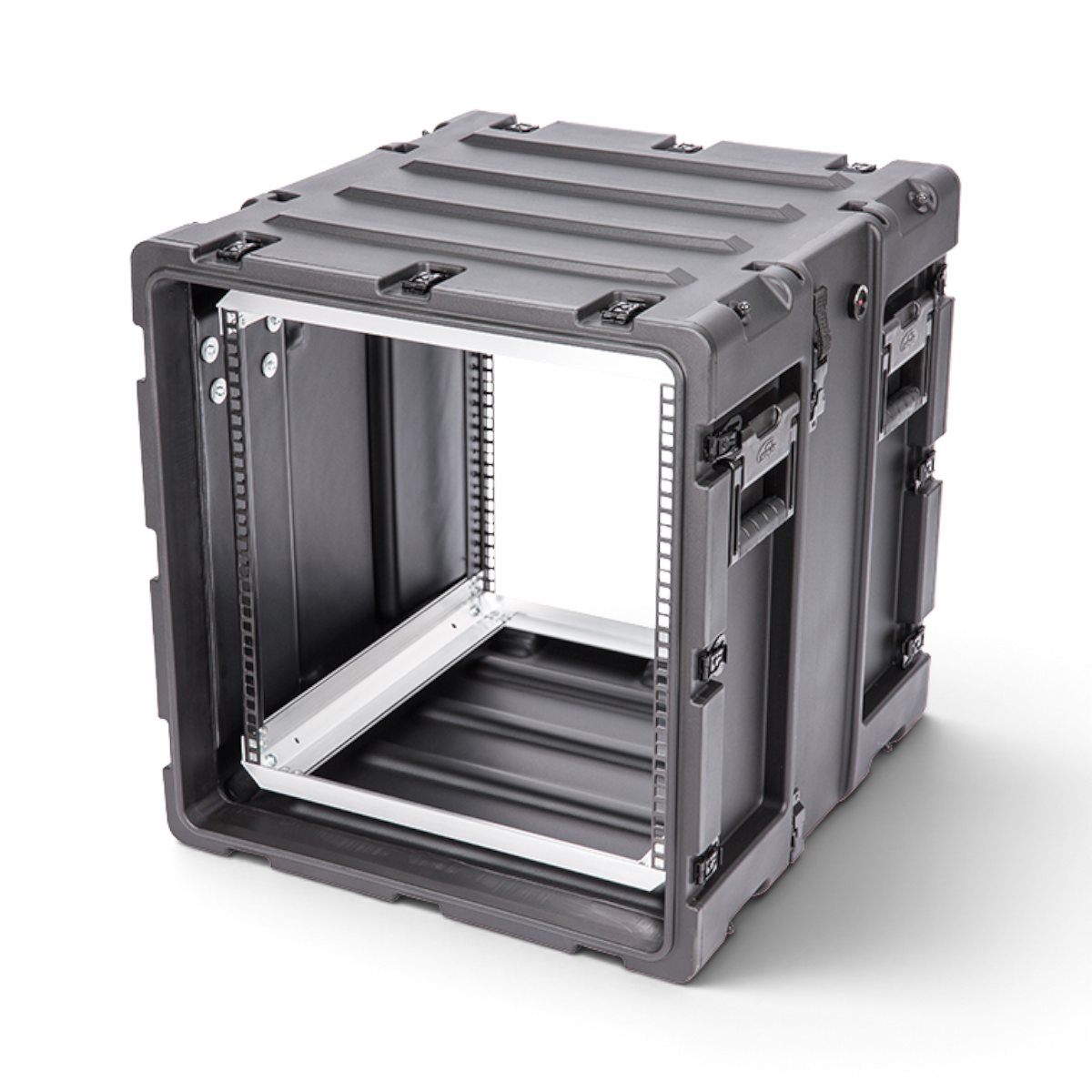 SKB Cases 11U 20-inch deep shock rack in black with aluminum inner chassis and recessed hardware on white background