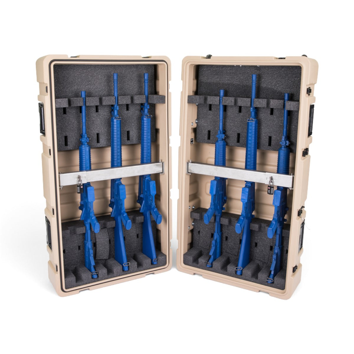 SKB Cases 12-pack deployable rifle locker in tan with blue training rifles secured by metal padlockable bars.