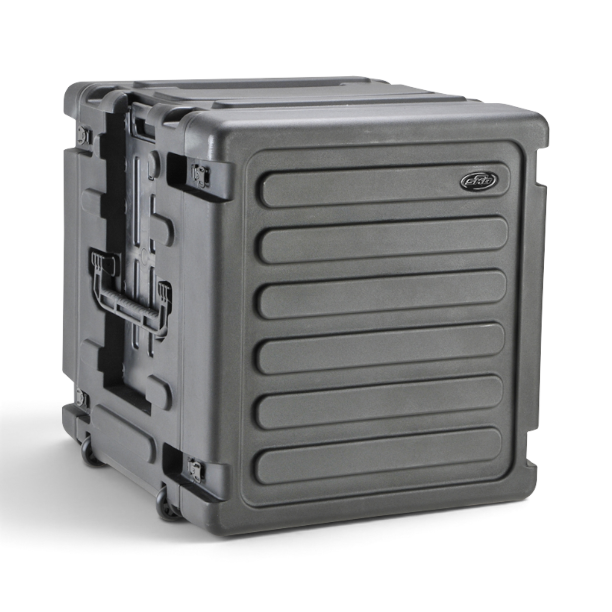 SKB Cases 12U 20-inch deep rolling shock rack in black with reinforced molded shell and heavy-duty wheels.