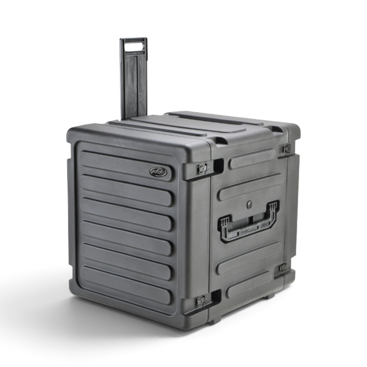 SKB Cases 12U 20-inch deep rolling shock rack in black with retractable handle and side carry handles.