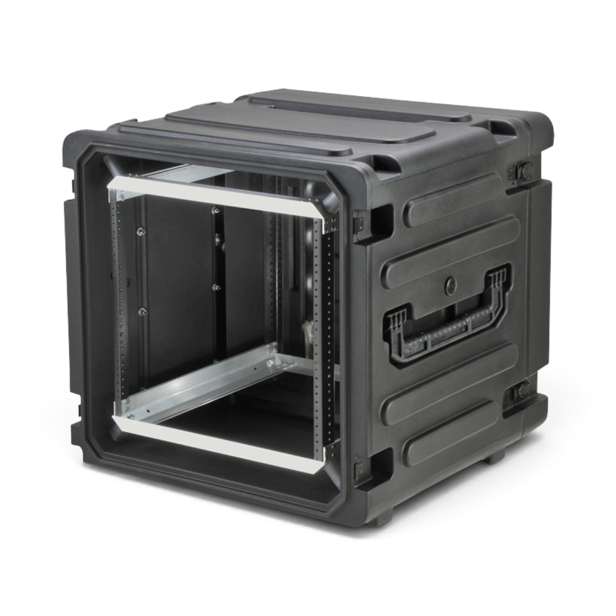 SKB Cases 12U 20-inch deep rolling shock rack in black with metal rails, side handles, and durable molded shell.