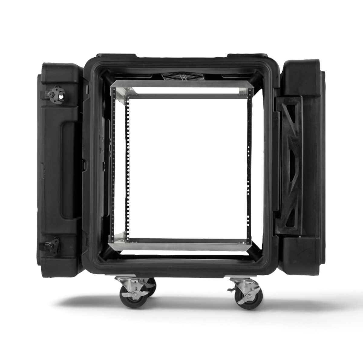 SKB Cases 12U 24-inch deep roto shock rack with open lids and internal aluminum alloy chassis on removable casters