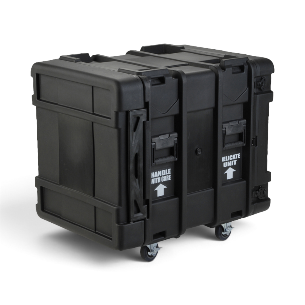 SKB Cases 12U 24-inch deep black roto shock rack with heavy-duty casters and handle with care labeling