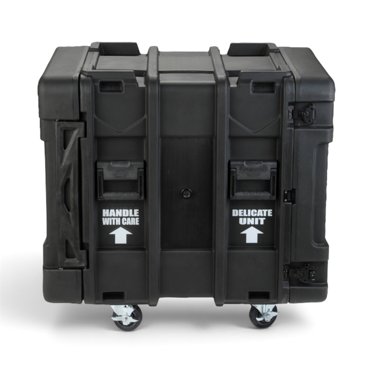 SKB Cases 12U 24-inch deep roto shock rack in black with heavy-duty latches, casters, and protective warning labels.