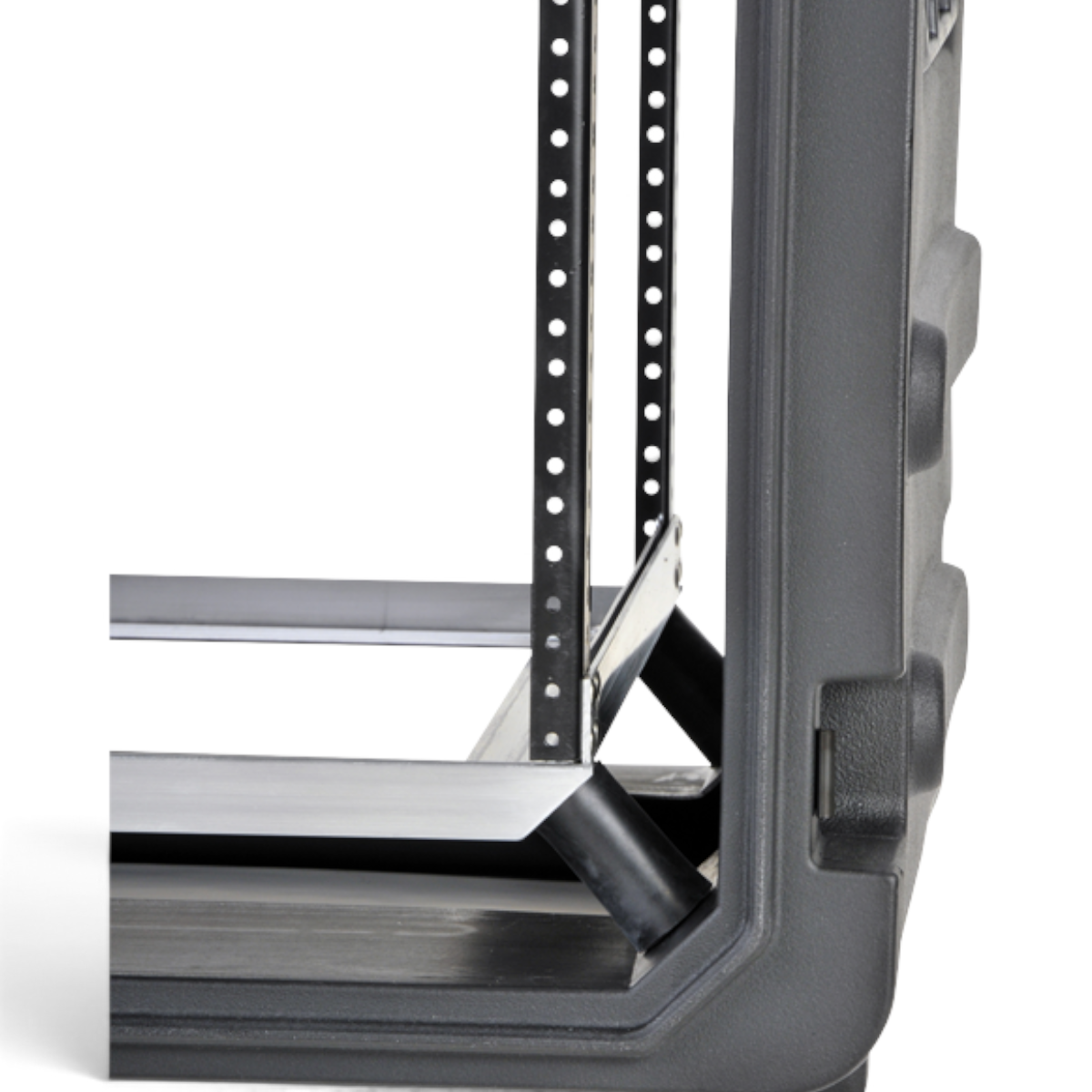 Close-up of SKB Cases 12U shock rack interior showing metal rails, elastomeric shock mounts, and black molded shell