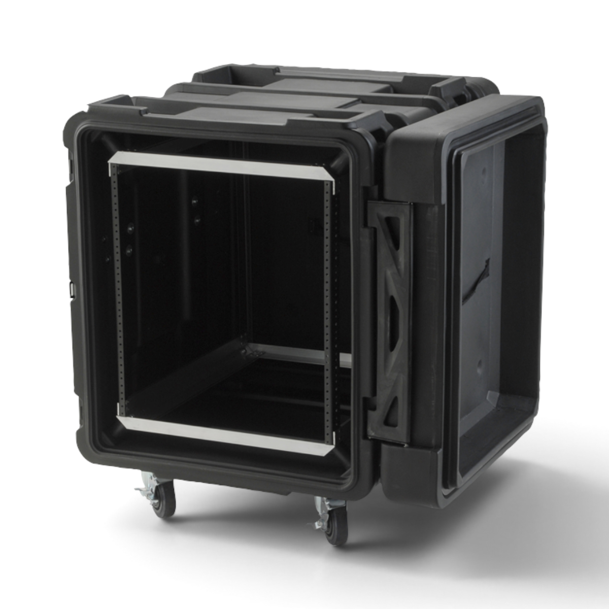 SKB Cases 12U 24-inch deep roto shock rack with black protective shell, internal metal rails, and removable casters.