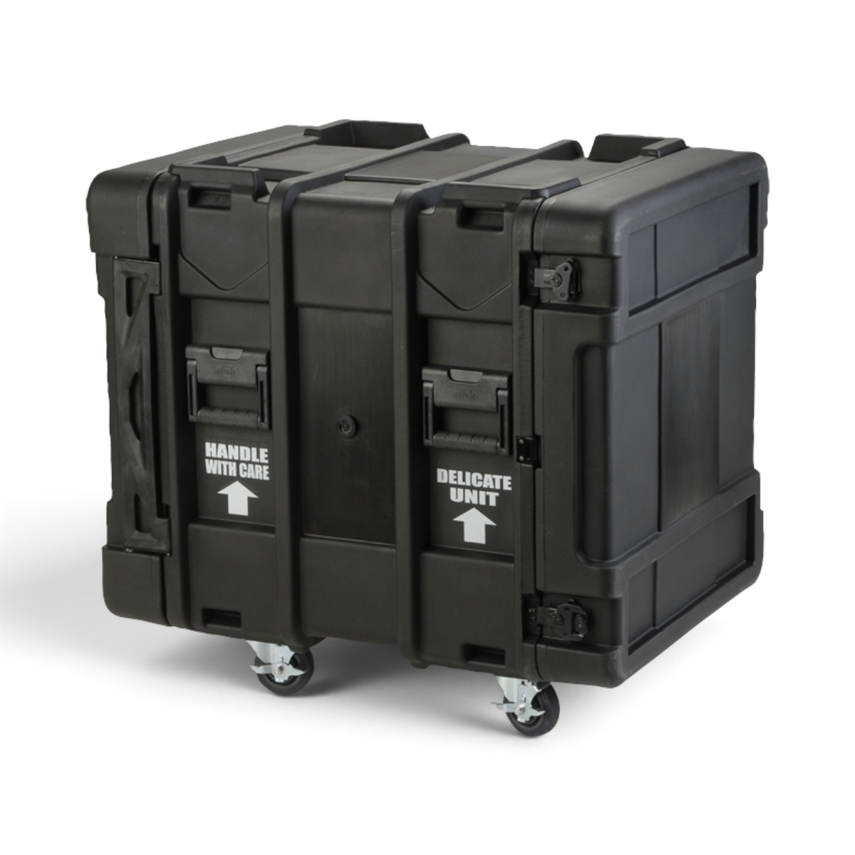 SKB Cases 12U 24-inch deep black roto shock rack with heavy-duty latches, casters, and handle with care markings.