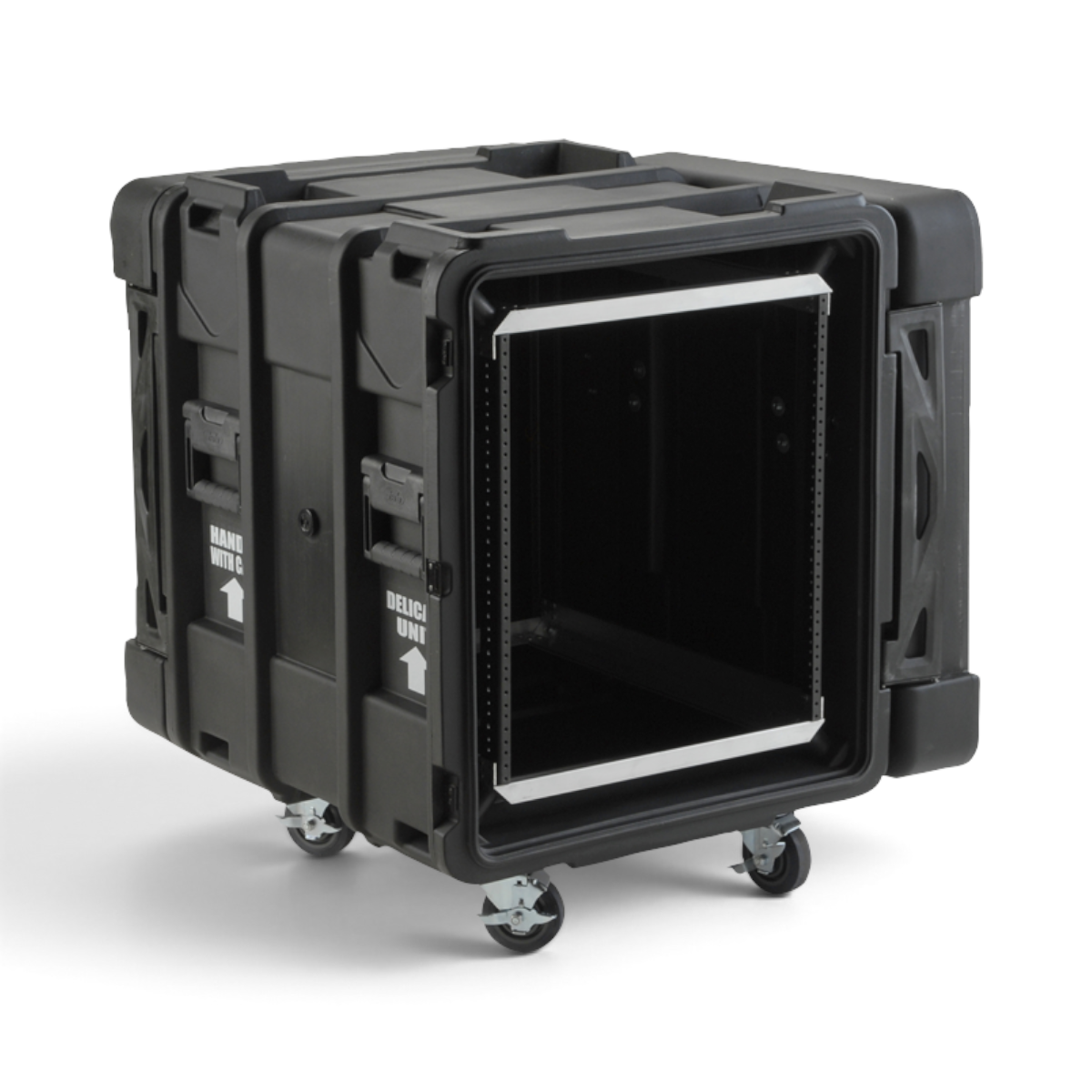 SKB Cases 12U 24-inch deep roto shock rack in black with removable casters and front-loading design.
