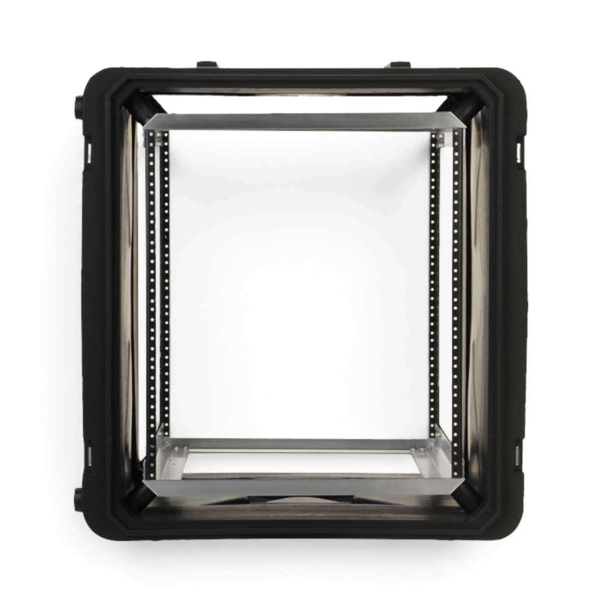 SKB Cases 12U 20-inch deep shock rack with internal metal frame and elastomer shock absorbers for equipment protection.