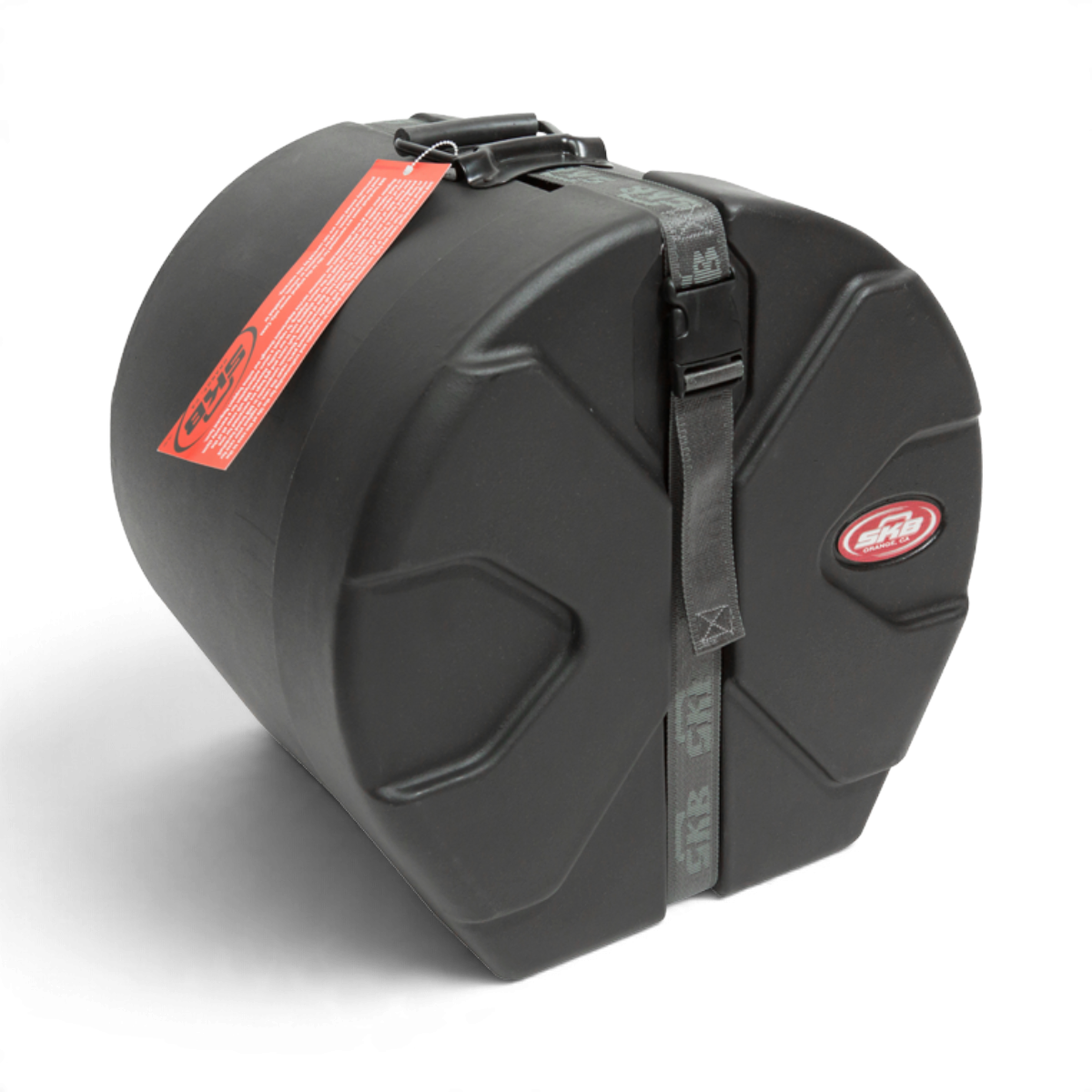 SKB Cases 12x12 roto-molded black drum tom case with D-shaped design, stacking pattern, and secure strap closure.