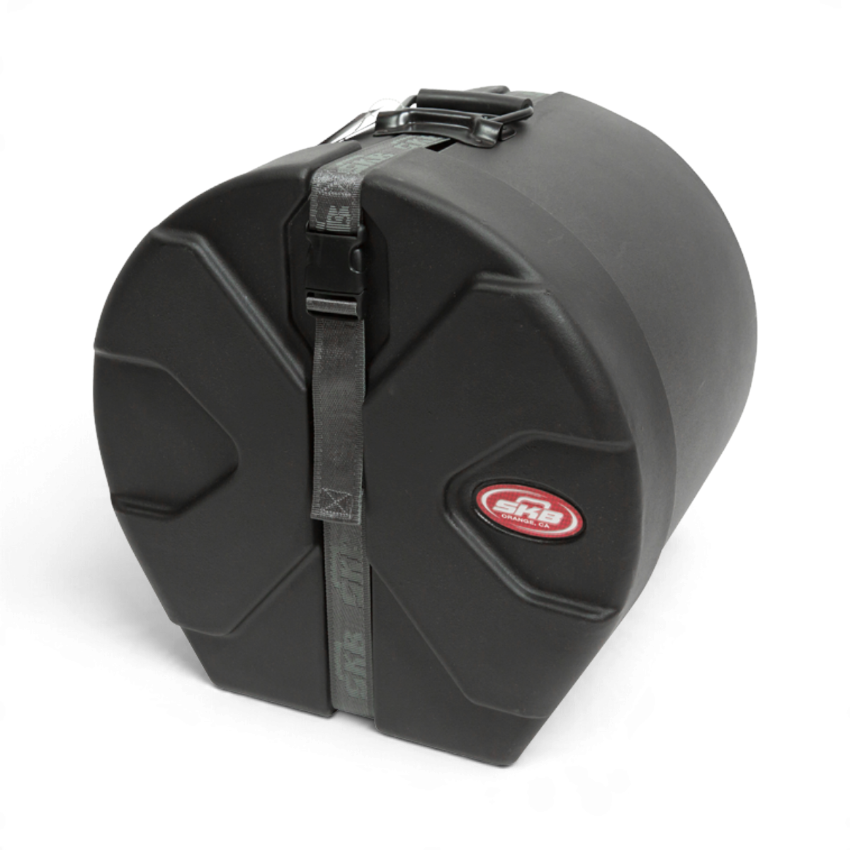 SKB Cases 12x12 roto-molded black drum case with D-shaped design, secure strap, and padded interior for protection.