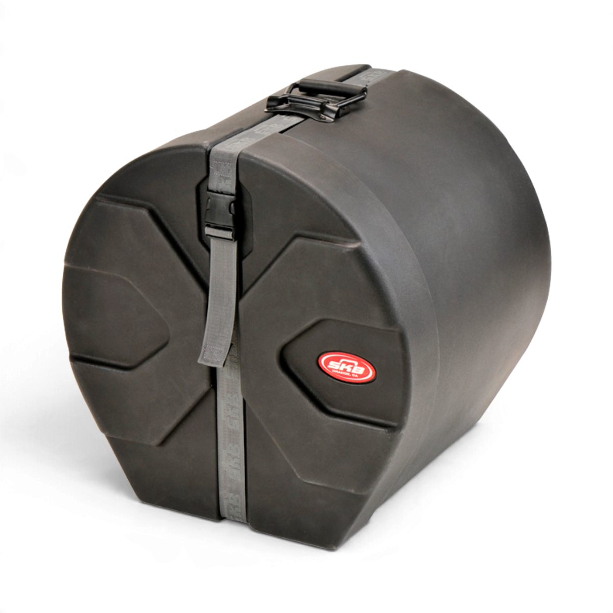 SKB Cases 12 x 14 roto-molded black D-shaped drum case with Roto-X pattern, secure strap, and padded interior.