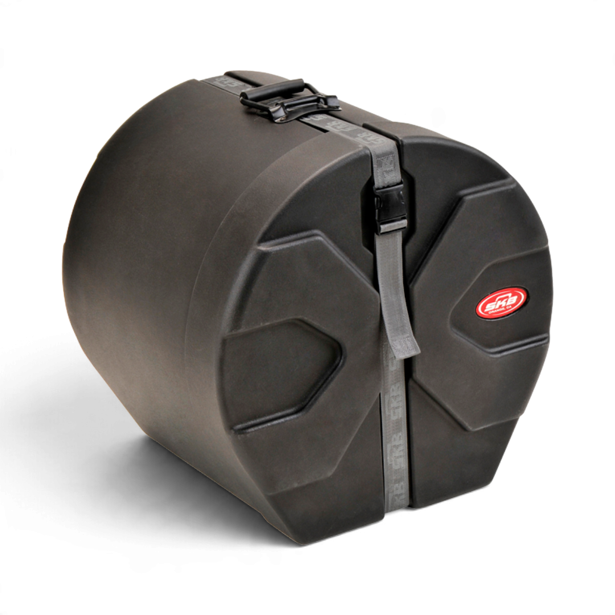 SKB Cases 12 x 14 roto-molded D-shaped drum case in black with Roto-X pattern, secure strap, and padded interior.