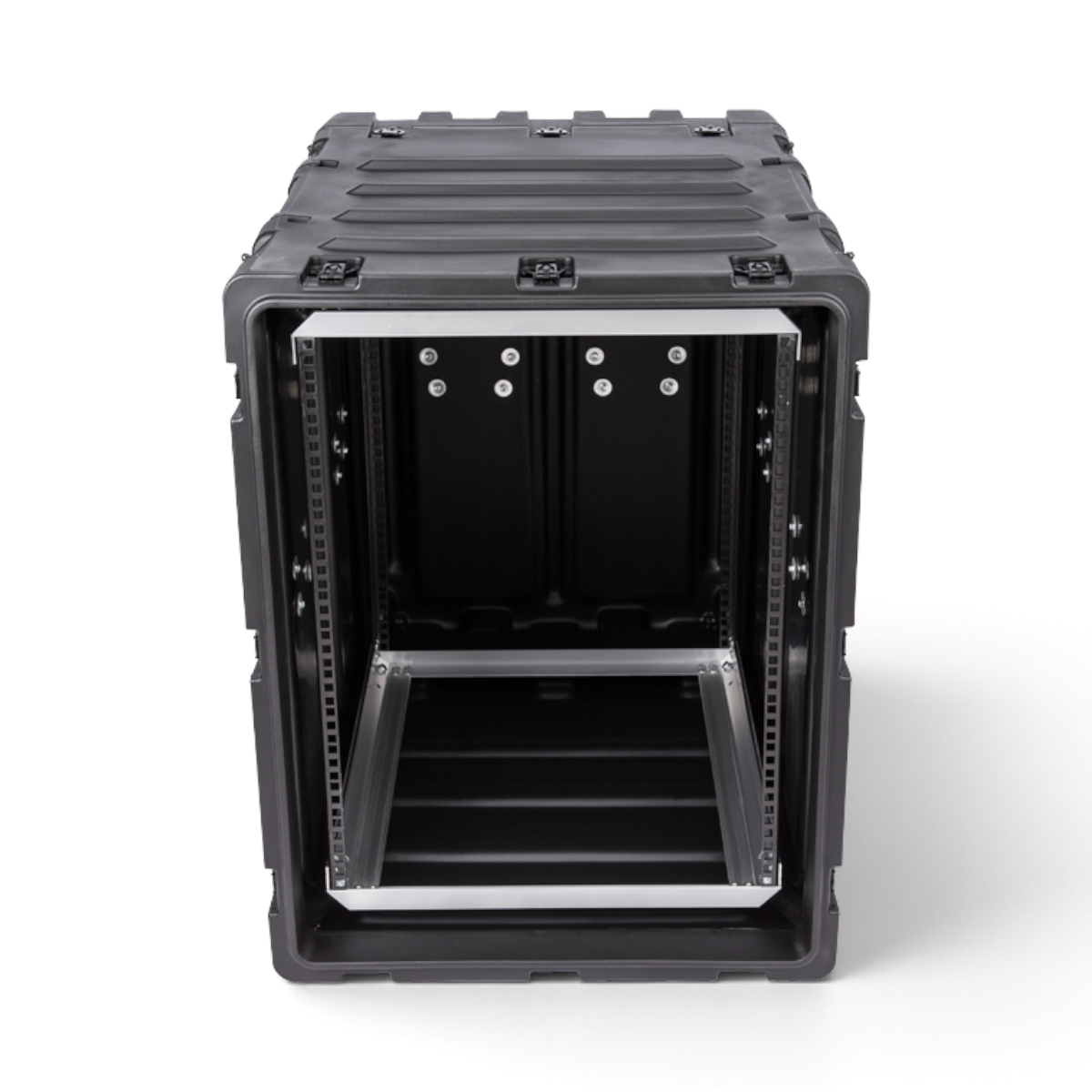 SKB Cases 14U 24-inch deep static shock rack in black, featuring a rugged roto-molded shell and square-hole rack rails.