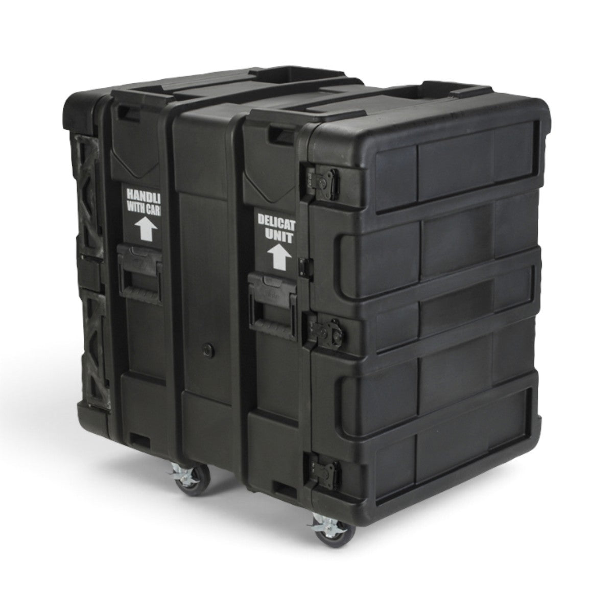 SKB Cases 14U 24-inch deep black roto shock rack with removable casters and protective latches for equipment transport.