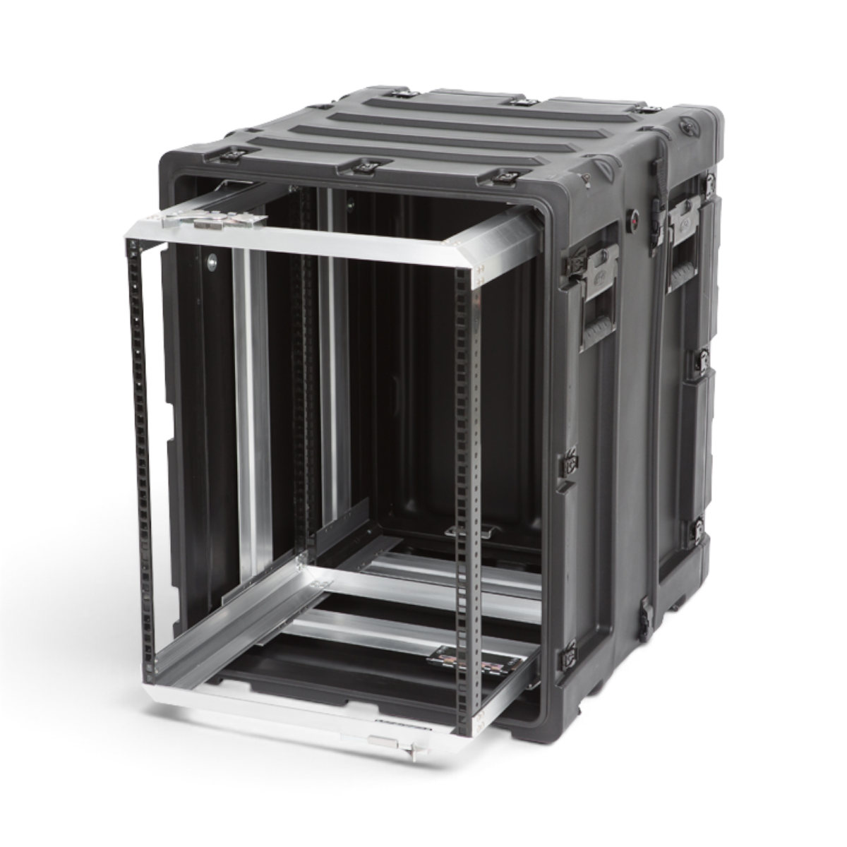 SKB Cases 14U 20-inch deep black shock rack with a removable interior frame and rugged roto-molded shell.