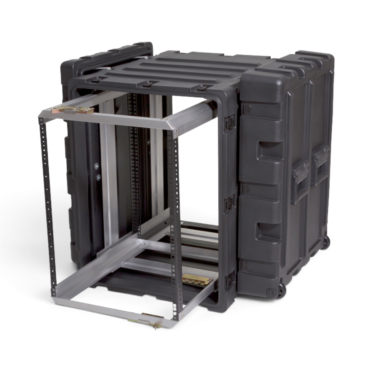SKB Cases 14U 24-inch deep shock rack with a black roto-molded shell and a removable interior equipment frame.