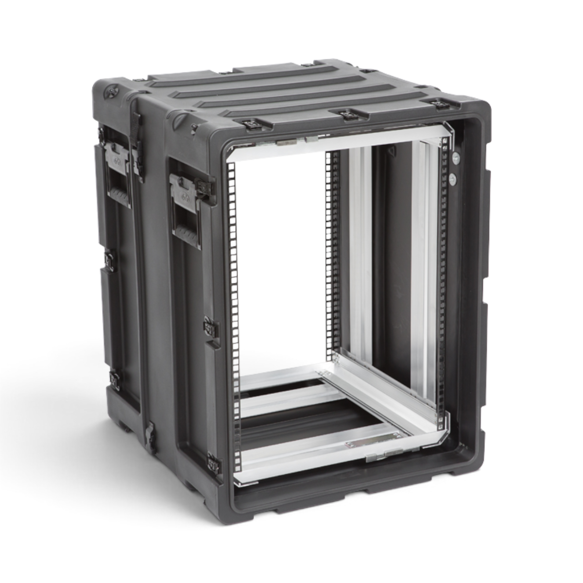 SKB Cases 14U 20-inch deep black shock rack with removable interior frame and rugged roto-molded shell.