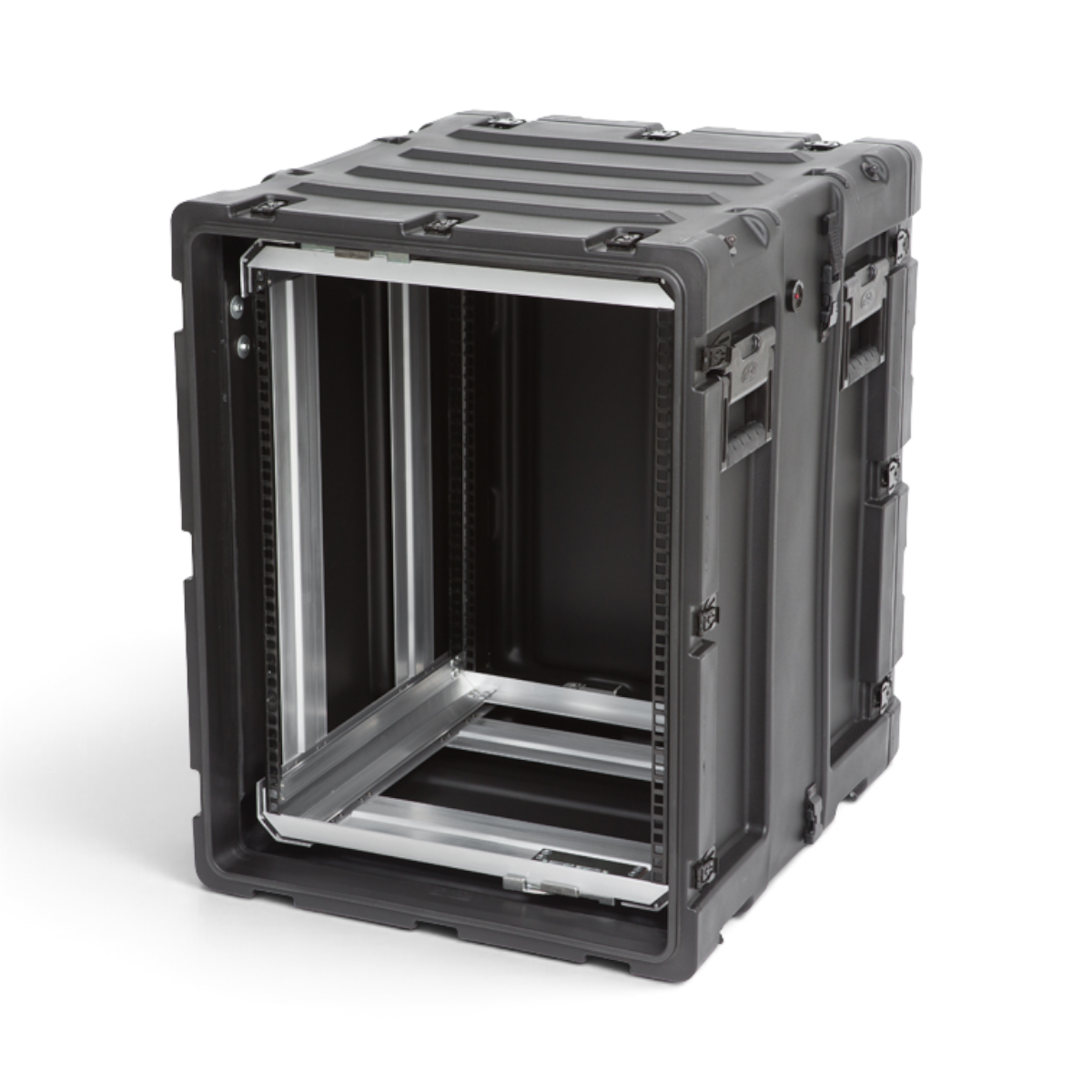 SKB Cases 14U 20-inch deep shock rack in black with a removable interior frame and rugged roto-molded shell.