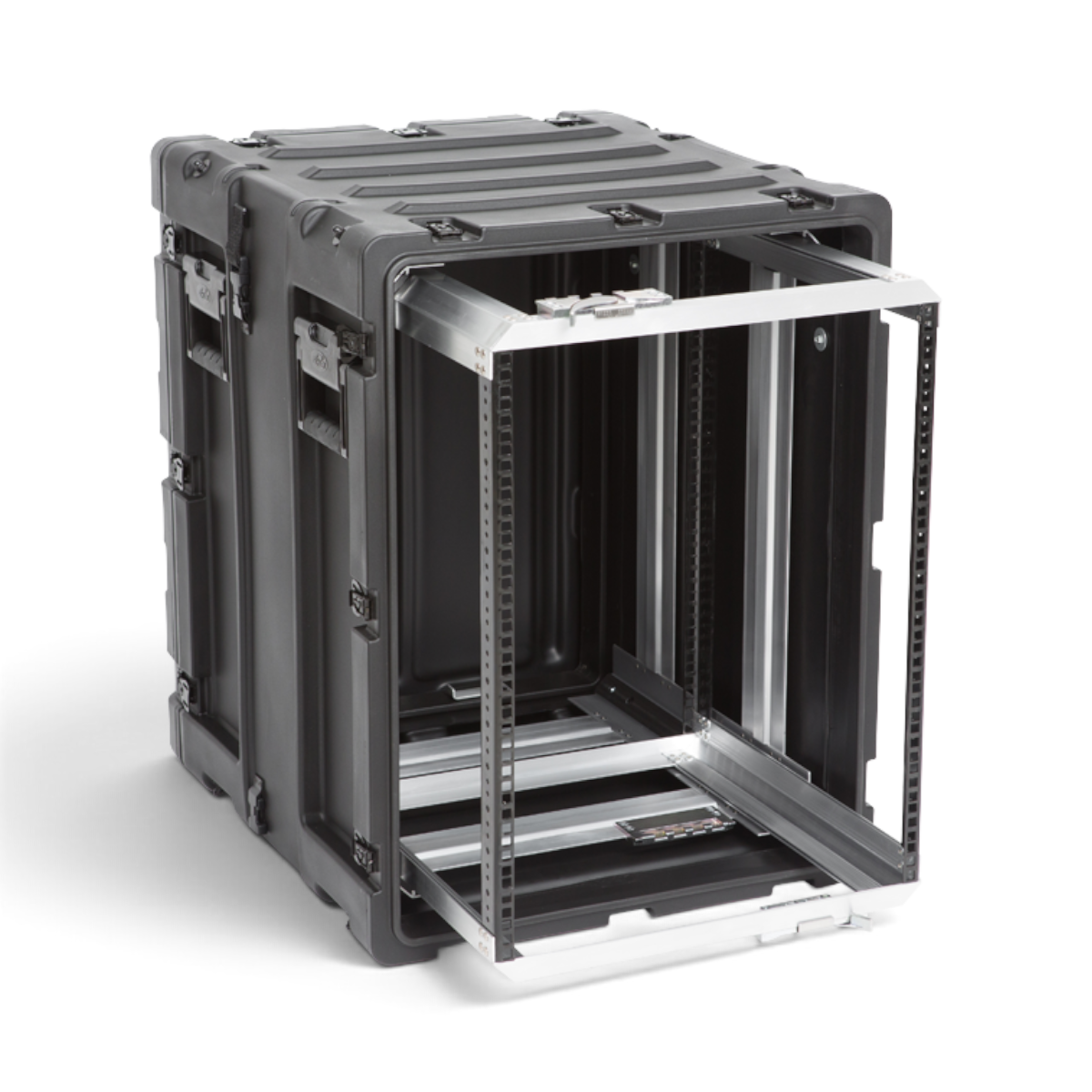 SKB Cases 14U 20-inch deep shock rack with a black roto-molded shell and a removable internal equipment frame.