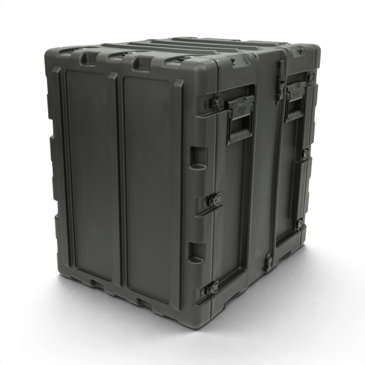 SKB Cases 14U 20-inch deep black shock rack transport case with rugged roto-molded shell and recessed hardware.