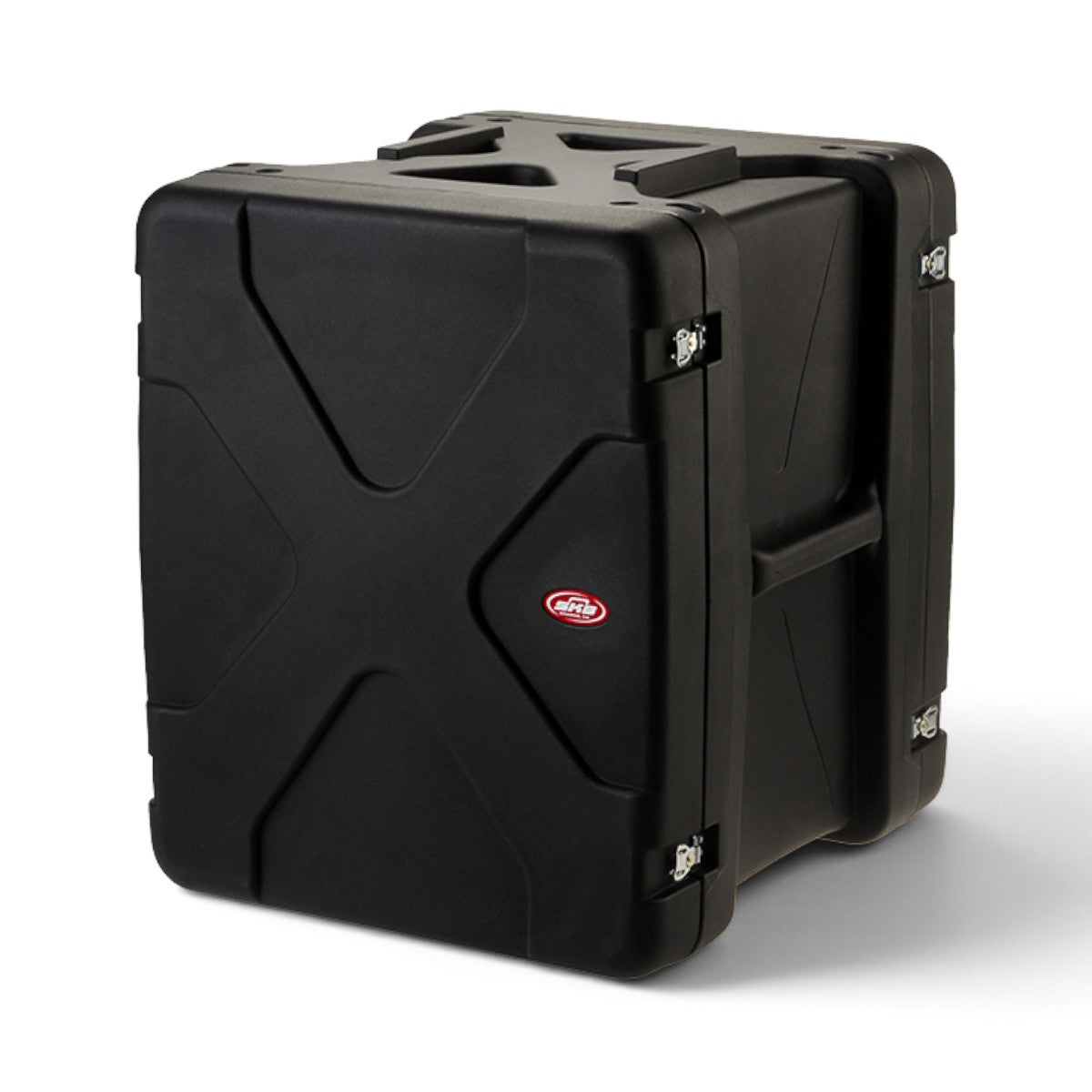 SKB Cases 14U 20-inch deep black roto shockmount rack case with reinforced corners and secure metal latches.